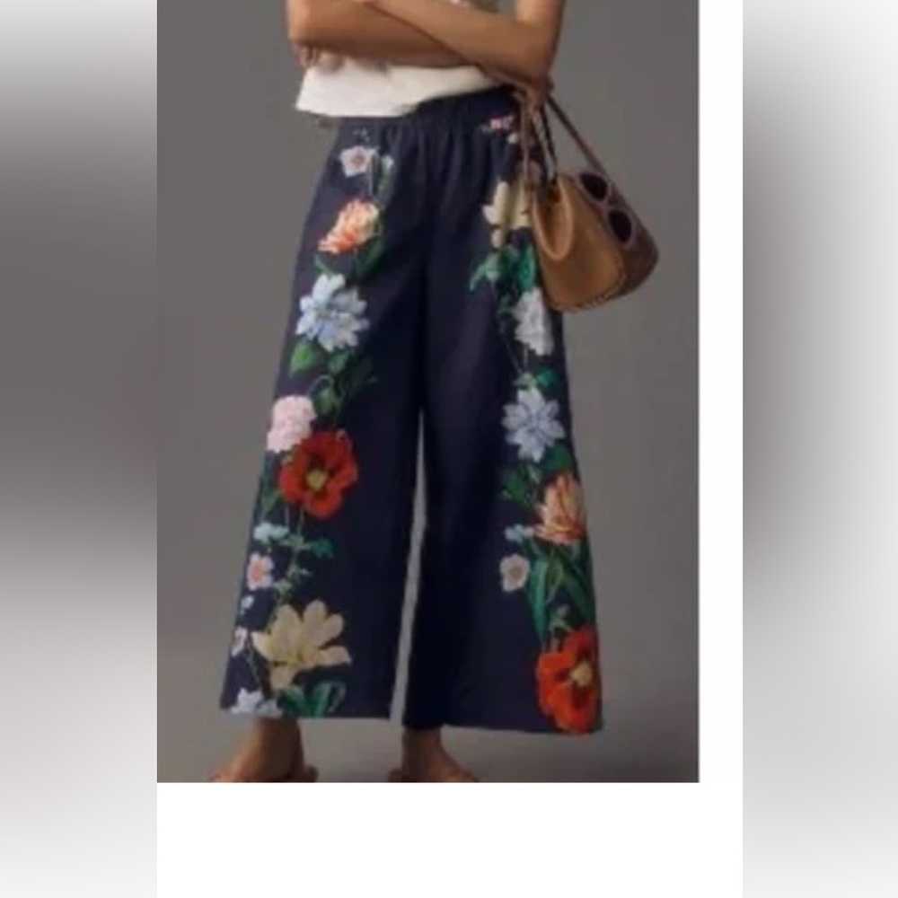 Anthropologie Navy Floral Wide Leg Pants